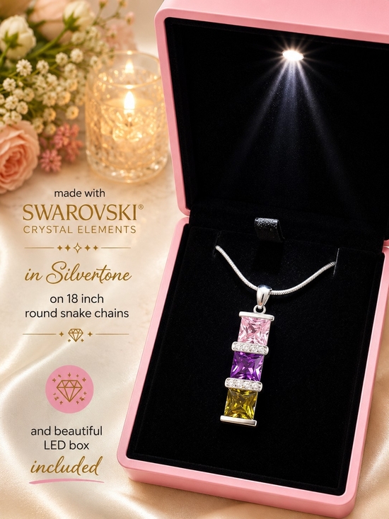No Brand Jewelry - Silvertone Triple-Crystal Pendant Necklace in Pink, Purple & Yellow